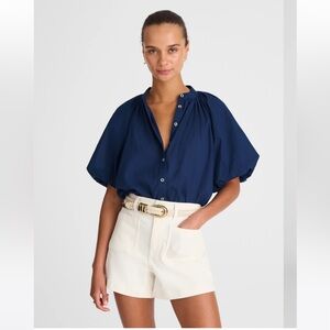 Madewell Shirred Balloon-Sleeve Top in Cotton Voile navy blue size L new